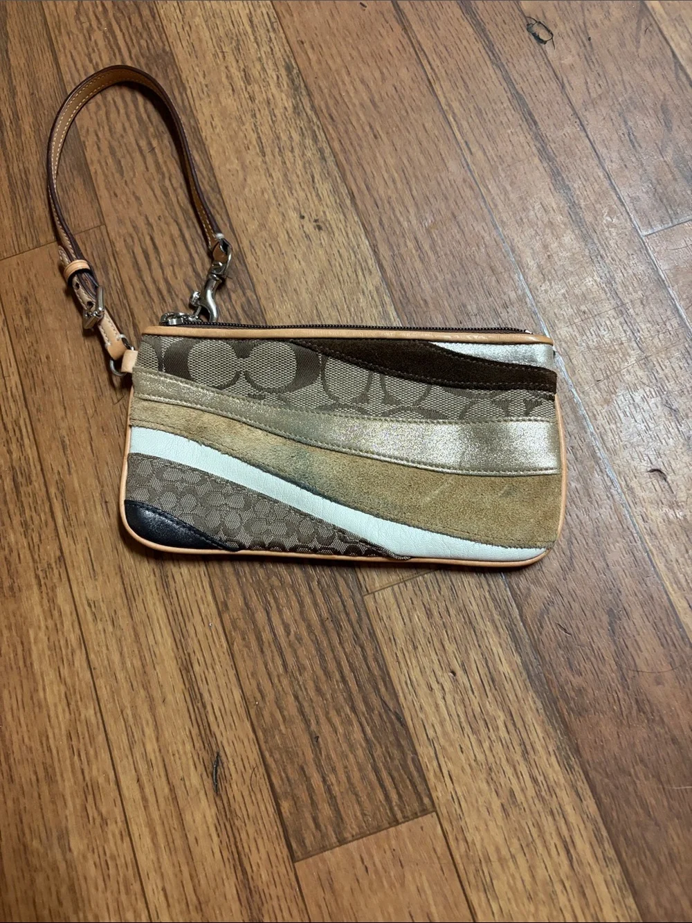 Coach Patchwork Signature Wristlet in Tan, Brown & White